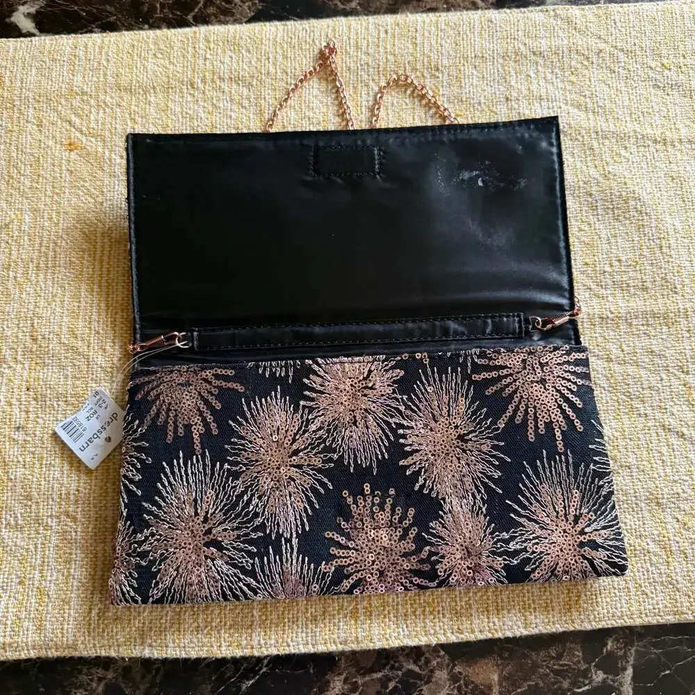 Dressbarn Black and Rose Gold Sequin Starburst Evening Clutch with Chain Strap